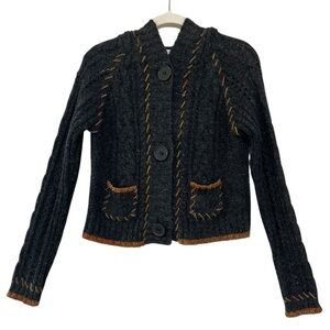 Pout Wool Blend Hooded Cropped Cardigan Sweater with Embroidered Stitching